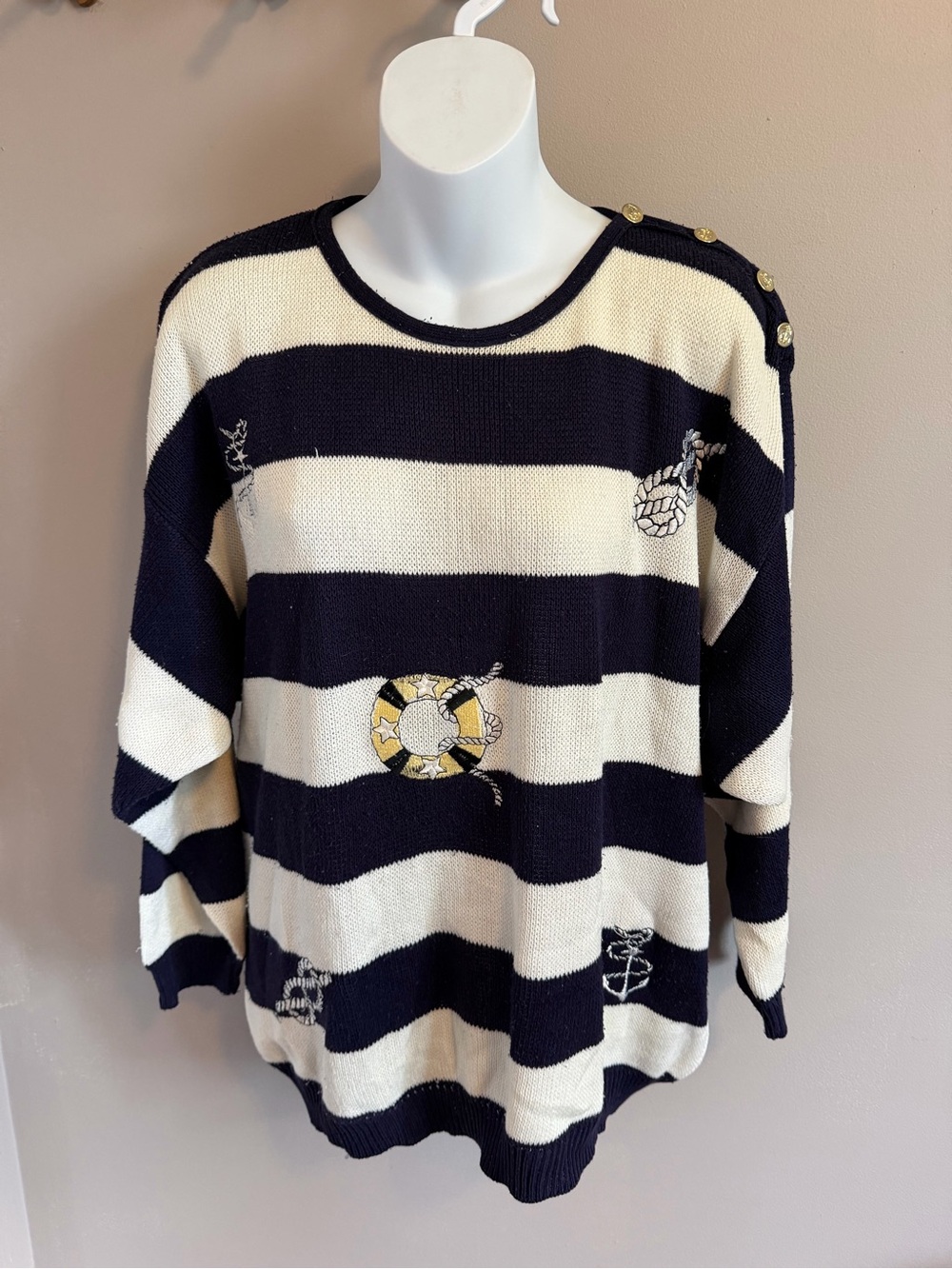 Vintage Navy Blue Ivory Striped Nautical Sweater Size XL